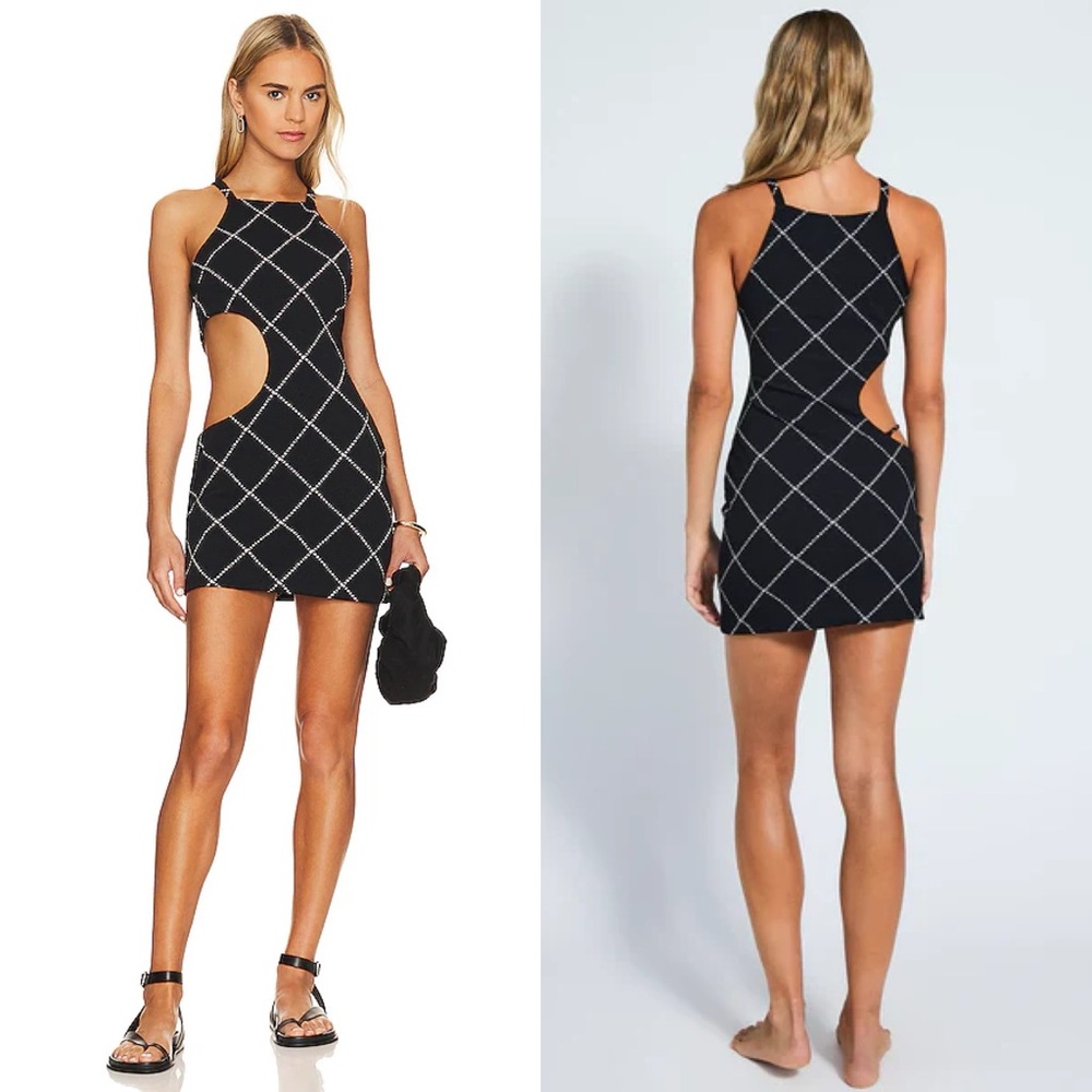 DEVON WINDSOR Black Mini Dress White Grid Cutout Bodycon Party Cocktail